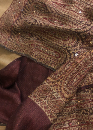 Розкішний великий теплий гірчично-бордовий з турецькими огірками палантин/шарф шовк/вовна5 фото