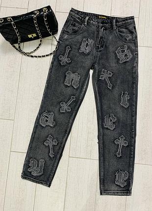 Жіночі джинси на високій посадці з аплікаціями в розмірі xxs-xs в чорно-сірому кольорі