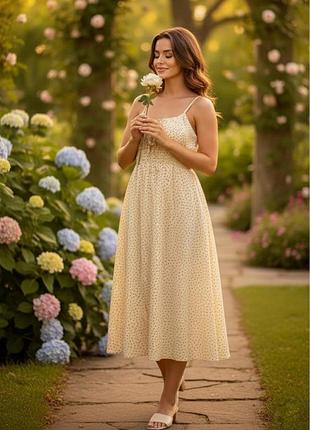 Платье миди shein летнее желтое цветочный принт тонкие бретели размер m (uk 10)