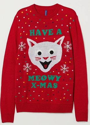 Свитер с котом праздничный батал рождественский новогодний, свитер женский мужской оверсайз, унисекс, кофта, джемпер