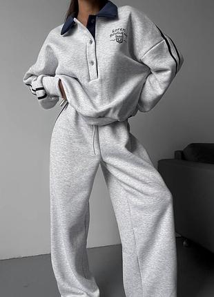 Стильний теплий костюм на флісі широкі штани та кофта поло