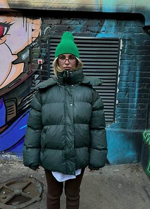 Женская зимняя куртка теплая дута дутик на молнии с капюшоном карманами плащевка на синтепоне зеленая на осень зима пуховик