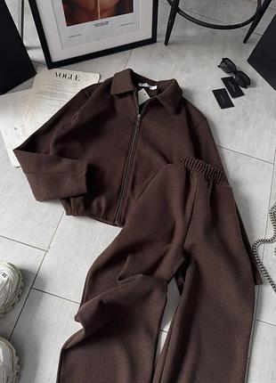 Женский теплый костюм оверсайз ангора вязкая кофта на молнии брюки на резинке шоколад на осень зиму