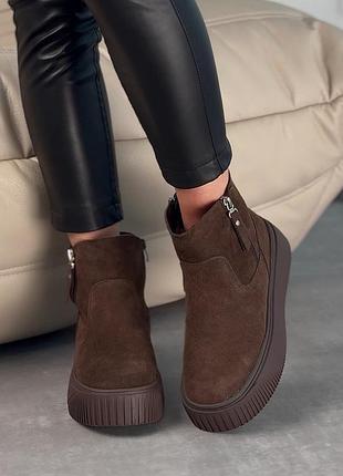 Женские зимние ботинки на платформе замшевые натуральная замша шоколад 25726