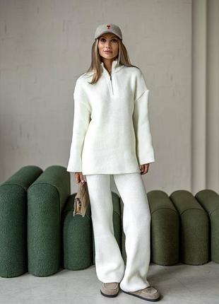 Теплий жіночий костюм светр на блискавці та штани вʼязані вовна сірий шоколадний молочний чорний бургунді