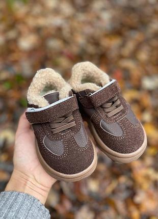 Детские теплые ботиночки еврозима холодная осень на липучке шоколад коричневые