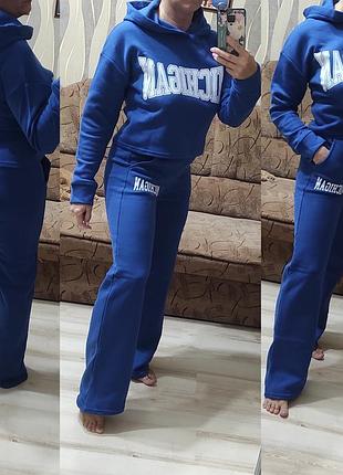 Теплый костюм на флисе, костюм оверсайз с широкими штанами s-m