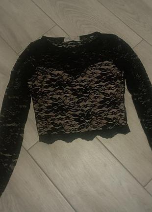 Элегантная черная кружевная блуза/топ cameo rose с длинным рукавом на нюдовой подкладке, размер eu 40