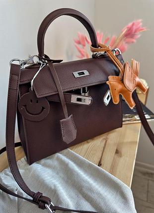 Сумка преміум натуральна шкіра kelly 25 chocolate/silver арт01261