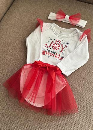 Комплект одягу новорічне боді спідниця з фатином та повʼязка 74 см 6-9 місяців