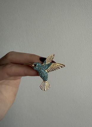 Металева брошка пташка “колібрі з бірюзовими крилами”