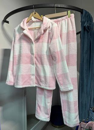 Розовая в клетку теплая махровая плюшевая пижама рубашка и брюки s-l