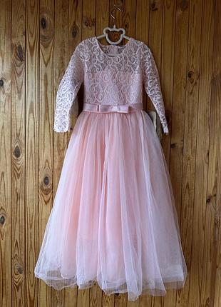 Святкова пишна сукня на дівчинку персикового кольору 6/7/8 років на свято,день народження,випускний ажурний верх та пишний фатіновий низ