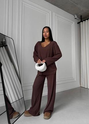 Женский брючный костюм из ангоры в рубчик с начесом шоколад оверсайз ангоровый костюм с повязкой