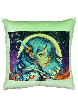 Подушка плюшевая "аниме, девушка в мире искусства" размер 30*30 см зеленая