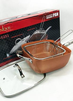 Сковорода-фритюрница unique un-5251 квадратная антипригарная с пароваркой и кастрюлей + стеклянная крышка 24 см