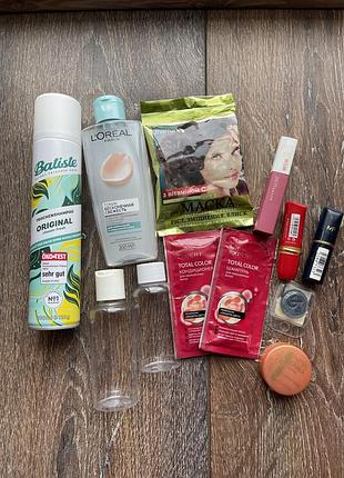 Лот косметики: помада/румяна bourjois; помада mf; блиск матовий maybelline;; тіні; тонік l’oréal; сухий шампунь batiste; маска; пробники; бутилочки.