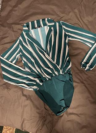 Смугастий боді з коміром та довгим рукавом, блуза, жіноча сорочка