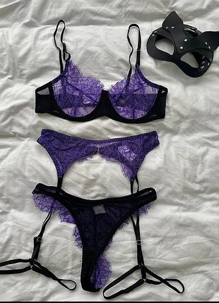 Красивый новый сексуальный комплект белья лифчик трусики и подтяжки пояс с сеткой и кружевом размер л
