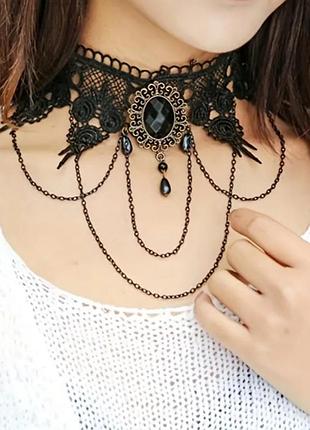 Колье кружевное чокер ажурный с цепочками камеей черный в готическом стиле широкий новый