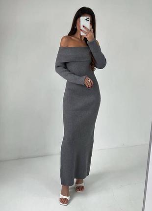 🌈5! шикарное теплое платье ангора в рубчик длинная серая серая на плече женское платье женское длинное