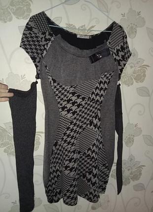 Платье платье мини туника серая черная гусиная лапка vokari с отрезными рукавами необычная нарядная