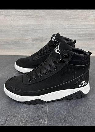 Ботинки мужские зимние натуральная кожа нубук черные, мужские высокие кроссовки на меху brix