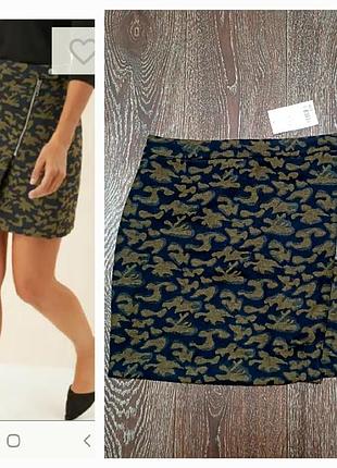 Стильная мини юбка на запах, хаки, камуфляж, р.14 от next, нюанс