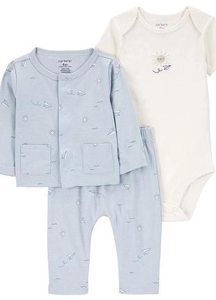 Бавовняний комплект-трійка carter’s картерс для хлопчика: кардиган кофта, штани, боді