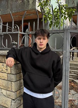 Худі жіноче / чоловіче чорне з капюшоном оверсайз на флісі тепле осіннє весняне зимове