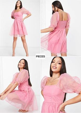 Пышное платье из органзы с рукавами-фонариками розового цвета pieces