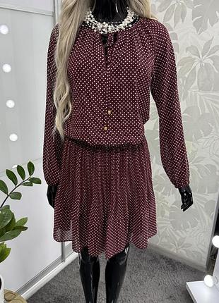 ❤️ бордова сукня від michael kors  в горошок з жоржету із зав’язками на горловині, розмір xs