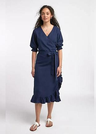 Новое лен + вискоза длинное платье next на запах с воланом темно синего цвета