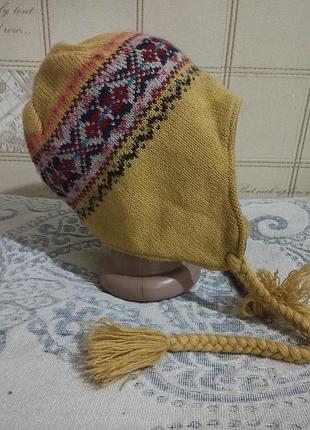 Двойная шапка ушанка на подкладке с орнаментом, с косичками косами кистями, унисекс