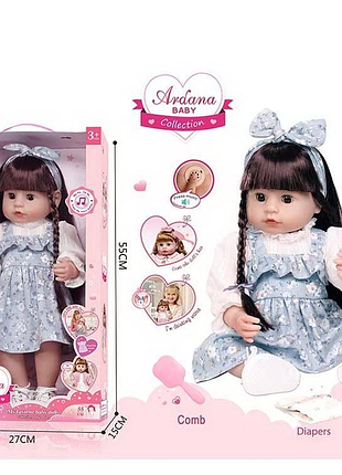 Кукла a 911 e резиновая, высота - 52 см, закрывает глаза, функциональная, прошитые волосы, подвижные конечности, бутылочка, подгузник, ходит на горшок