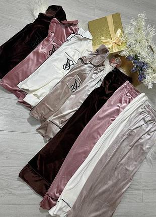 Оксамитова піжама вікторія сікрет victoria’s secret костюм велюр теплий рубашка + штани рожева біла коричнева бежева