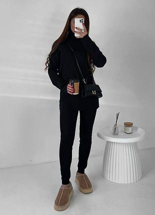 Жіночий теплий костюм рубчик на флісі кофта светр лосіни двійка осінь зима весна чорний