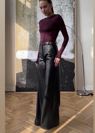 Шкіряні палаццо штани теплі утеплені на байці флісі шоколадні коричневі довгі кльош прямі