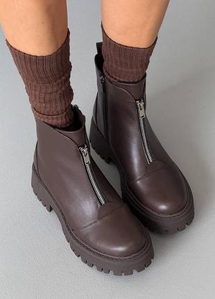 Женские кожаные коричневые ботинки зимние ботинки теплые на меху натуральный мех натуральная