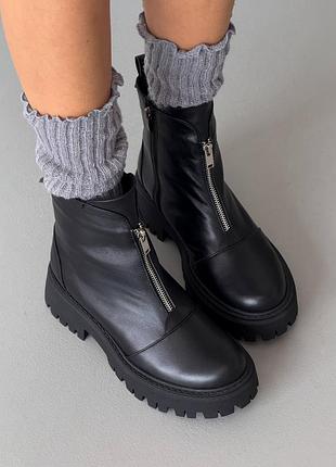 Premium! женские кожаные черные ботинки зимние ботинки теплые на меху натуральный мех