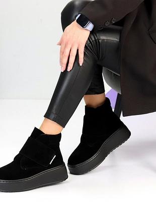 Замшевые женские черные ботинки на платформе танкетке зимние ботинки теплые на меху натуральный