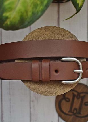 Ремень кожаный коричневый женский коньячный 25 мм с серебряной пряжкой