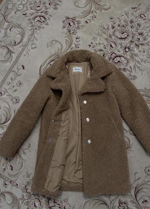 Коричневе плюшеве пальто-шуба фасону "тедді".