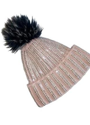 Шапка ugg бини теплая на флисе вязаная женская с помпоном, розовая/серая