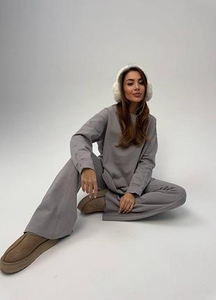 Костюм жіночий теплий 100% бавовна на хутрі сірий розмір універсальний штани кльош + лонг вільного крою