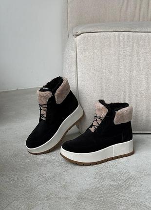 Ботинки женские зимние на платформе натуральная замша черные, высокие замшевые кроссовки на меху 9805