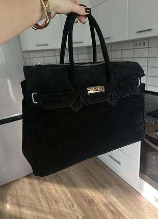 Замшева чорна жіноча сумка, шопер формат а4 натуральний замш