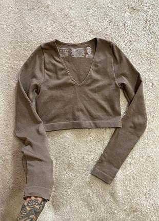 Кроп топ з рукавом рашгард в рубчик по фігурі бежевий шоколадний мокко  primark s