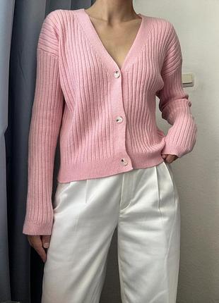 Пудровий кардиган в рубчик кофта з гудзиками розова