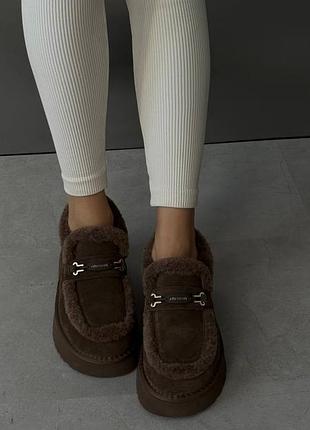 Натуральная замша, модные коричневые женские зимние лоферы